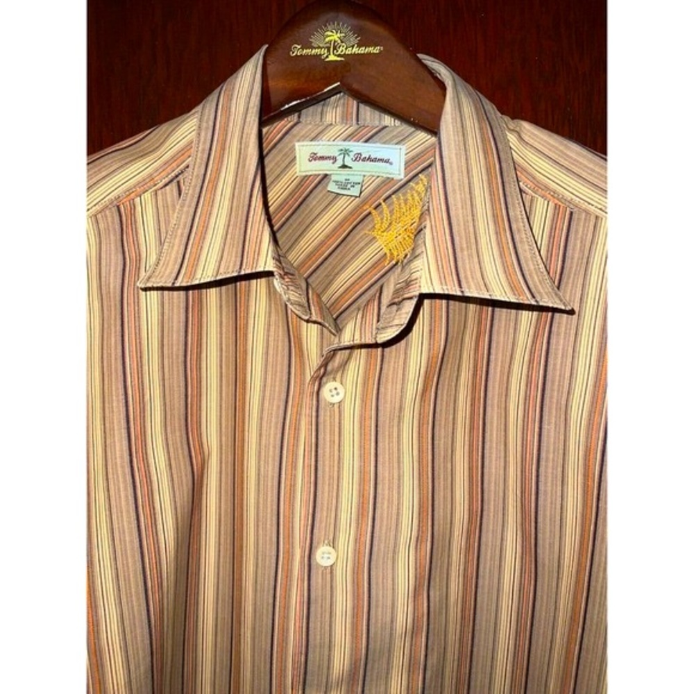 TOMMY BAHAMA SHIRT BROWN ORANGE STRIPED COTTON L/S MEDIUM M